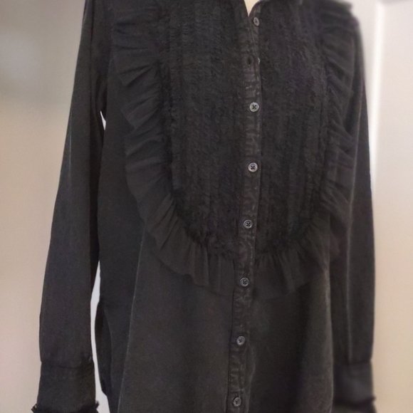 NWT Anthropologie Pilcro Tulle Buttondown Ruffle Lace Tuxedo Yolk BLACK Size XS - Picture 7 of 15